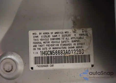 2003 Honda Accord 2.4 Ex из США, поврежденный, VIN 1HGCM56683A012293